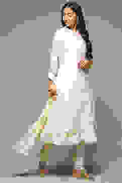 Off White Cotton Blend Layered Kurta Churidar Suit Set image number 8