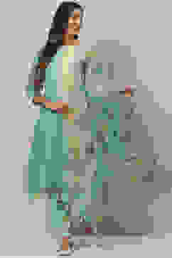 Sea Green And Pale Yellow Poly Viscose Asymmetric Kurta Pant Suit Set image number 0