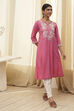 Pink Cotton Embroidered A-Line Kurta image number 5