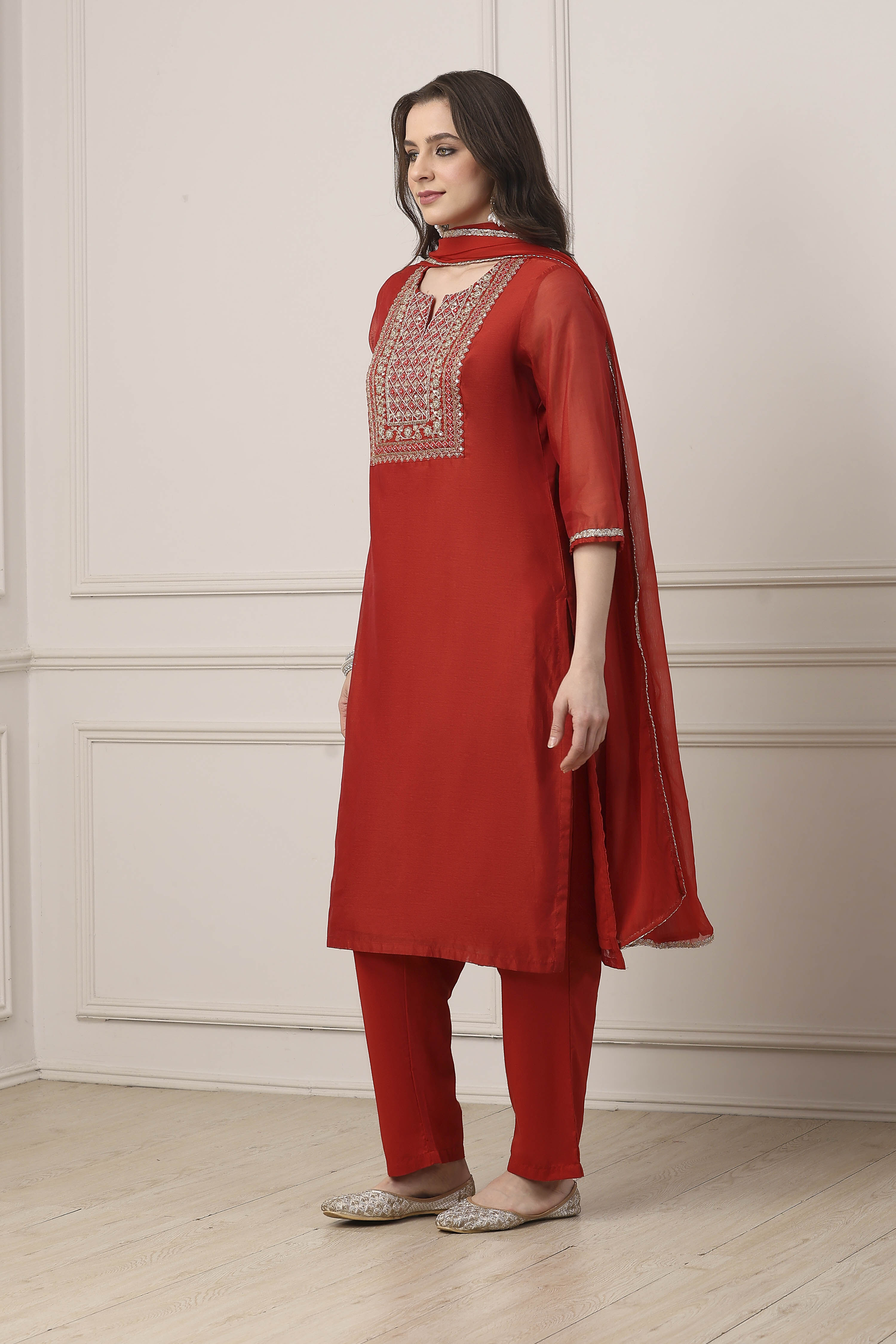 Red Poly Chanderi Straight Suit Set image number 3