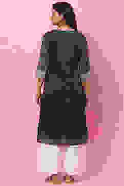 Dark Green A-Line Cotton Kurta image number 4