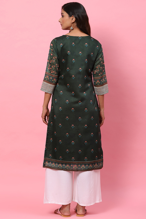 Dark Green A-Line Cotton Kurta image number 4