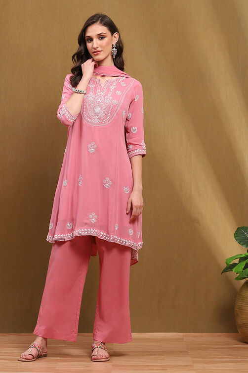 Pink Embroidered Kalidar Suit Set image number 6