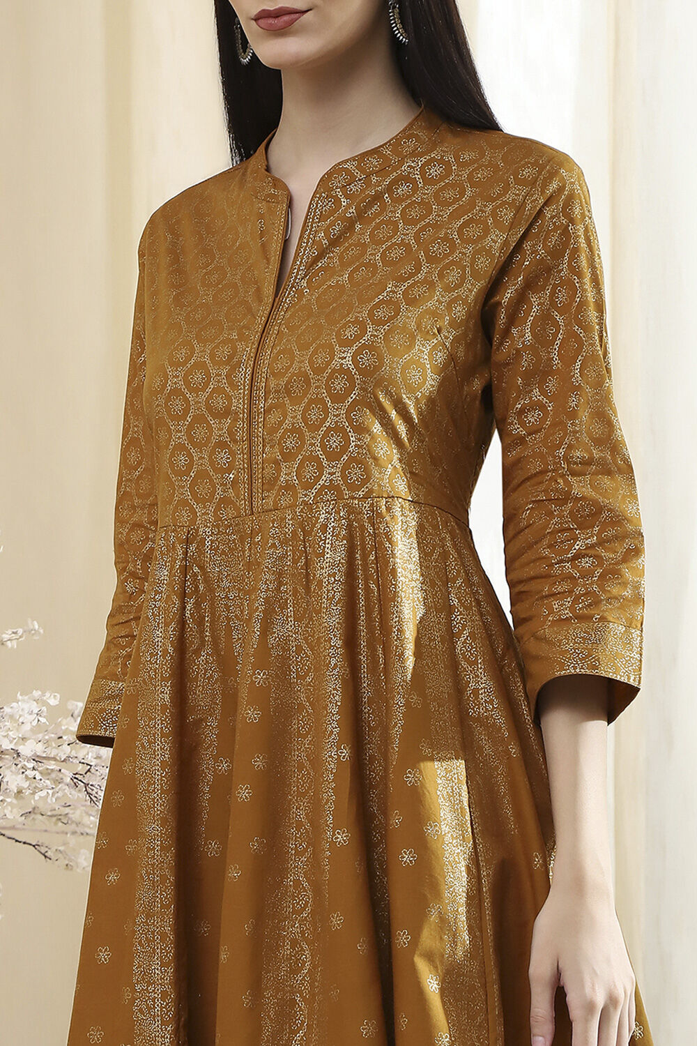 Mustard Brown Cotton Layered Anarkali Dress image number 1