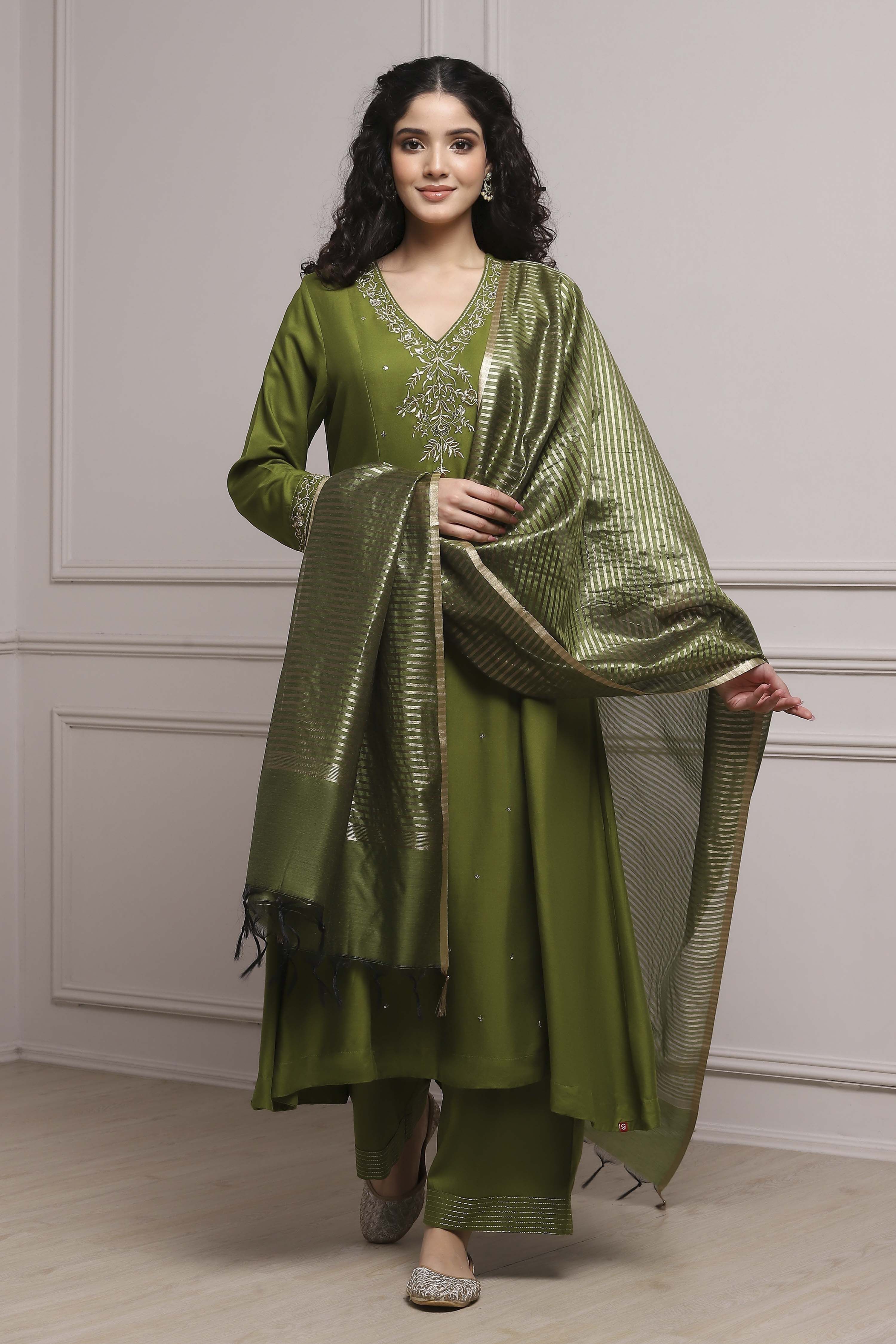 Green Embroidered Kalidar Suit Set image number 0