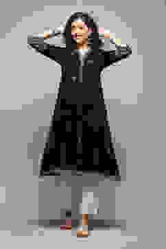 Black Poly Cotton Flared Yarndyed Kurta image number 0