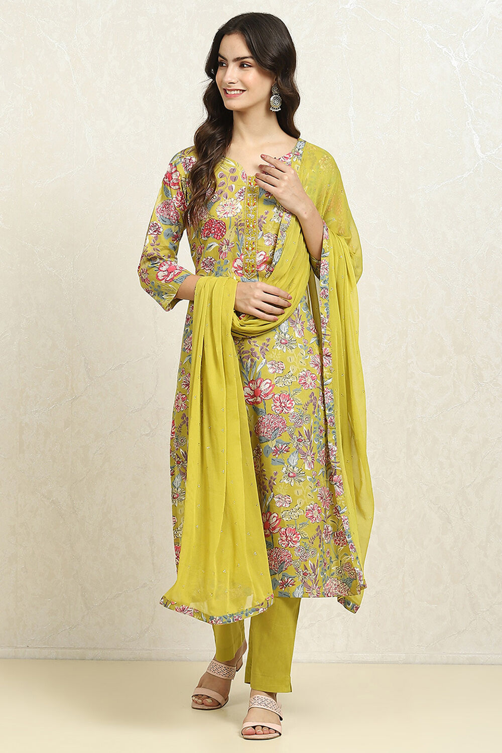 Green Cotton Floral Unstitched Suit Set image number 1