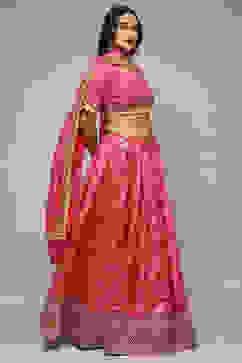 Fuchsia Silk Brocade Straight Embroidered Kurta Lehenga Set image number 6