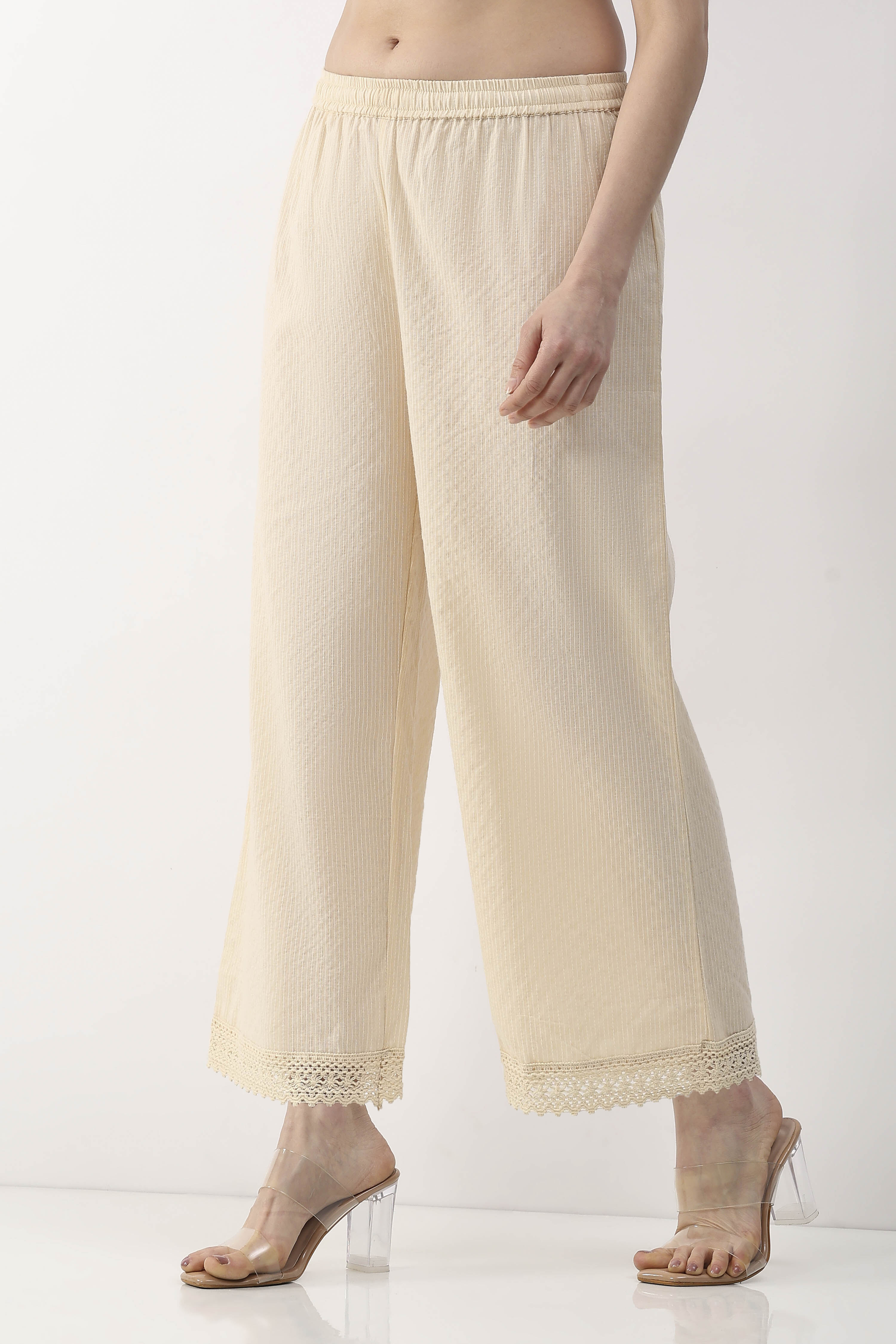 Beige Cotton Straight Palazzos image number 2