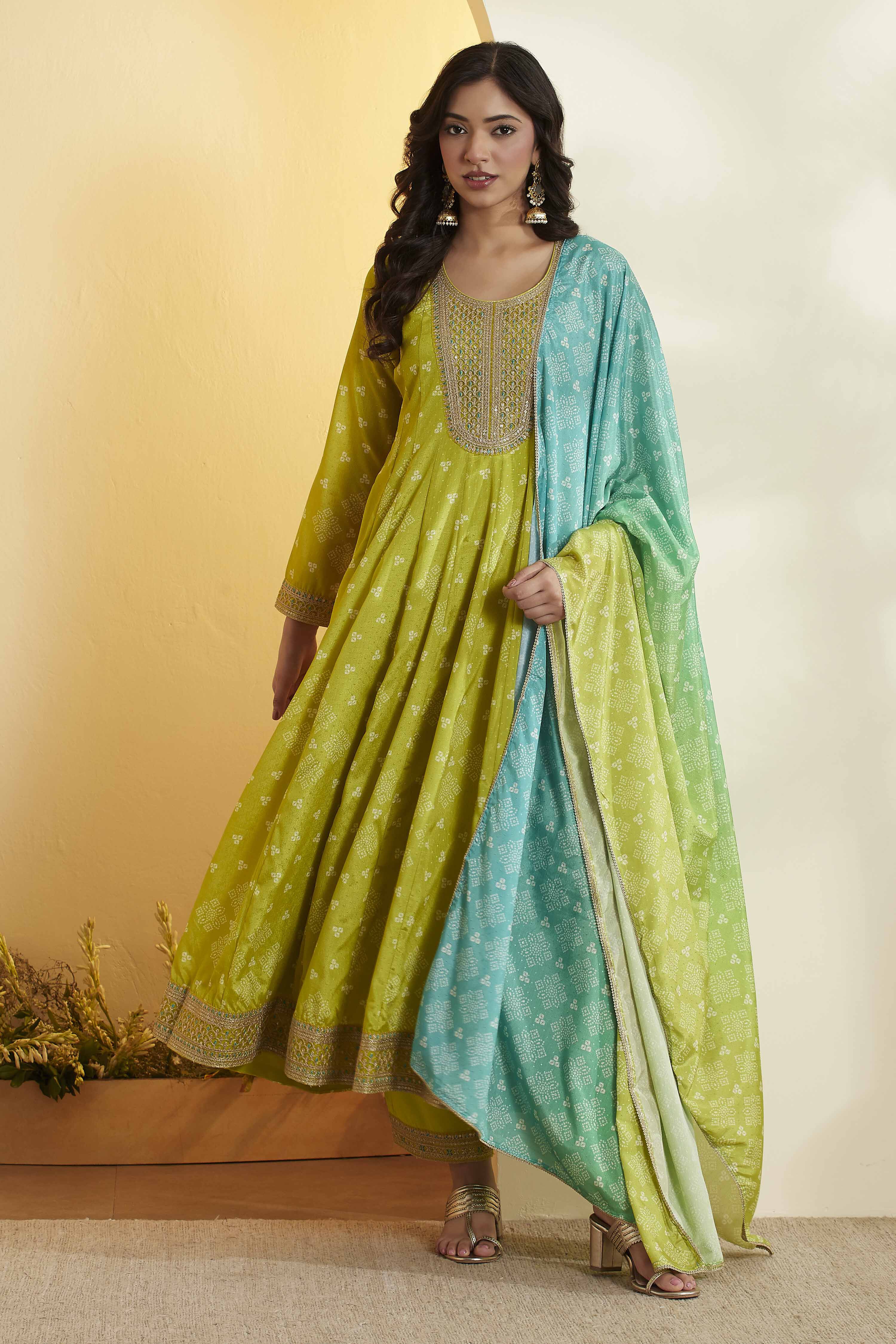 Llime Green Poly Chinnon Anarkali Suit Set image number 6