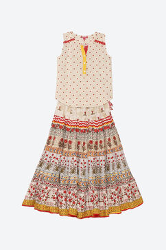 Off White Cotton Straight Kurta Skirt Suit Set image number 0