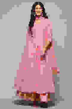 Pink Cotton Mirror work Anarkali Lehenga Set image number 7