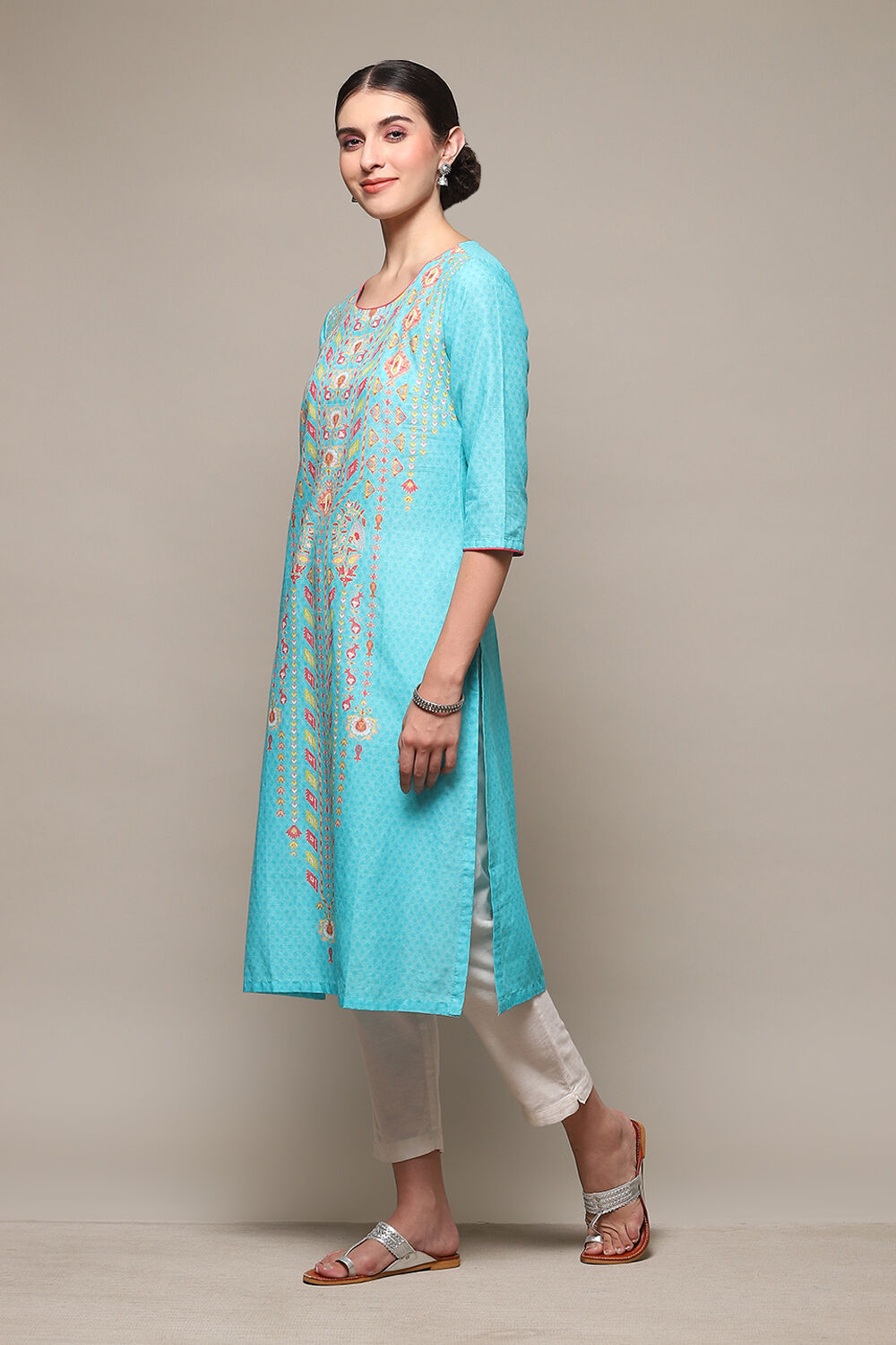Blue Cotton Straight Printed Kurta image number 2