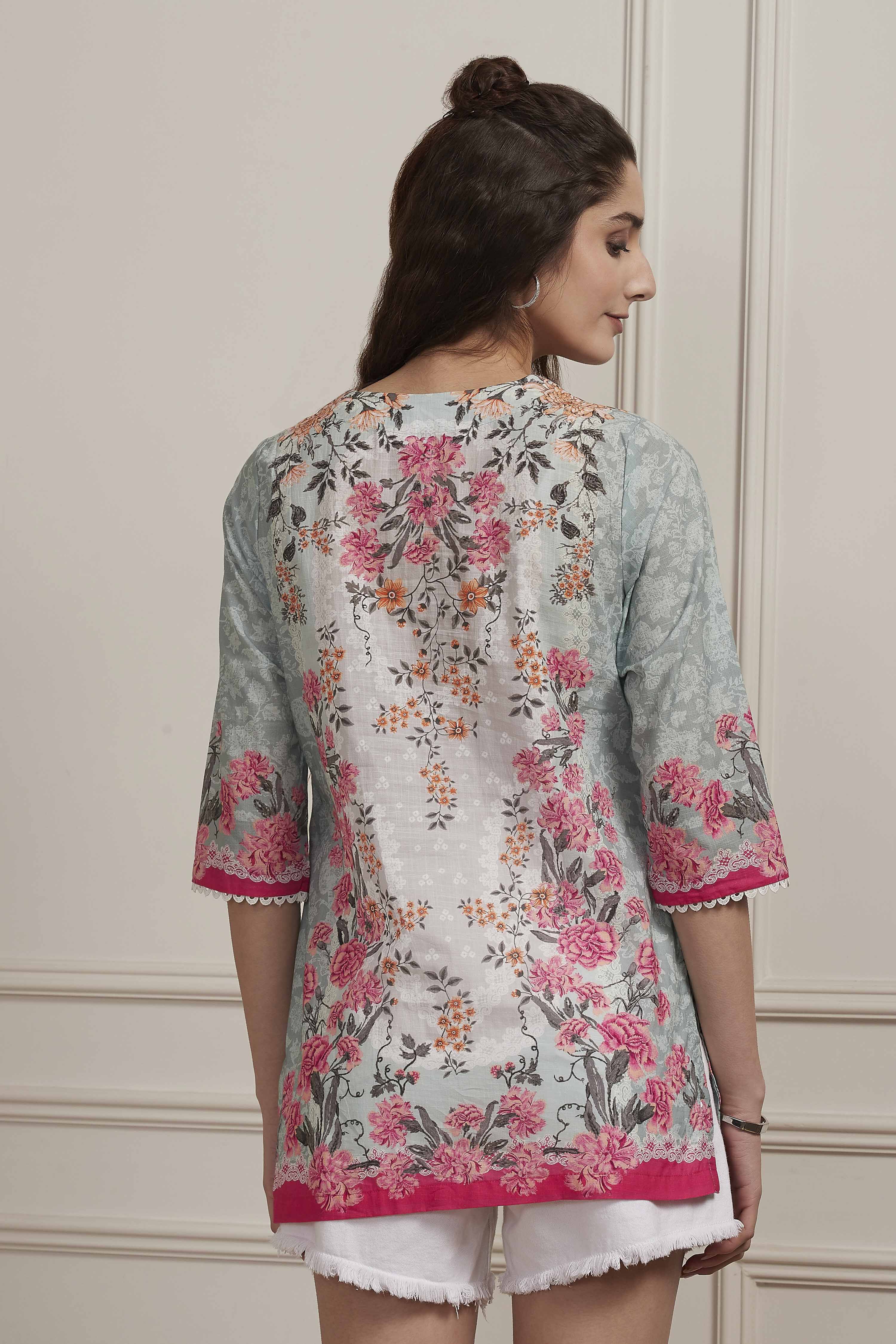 Yellow Cotton Printed Straight Short Kurta image number 3