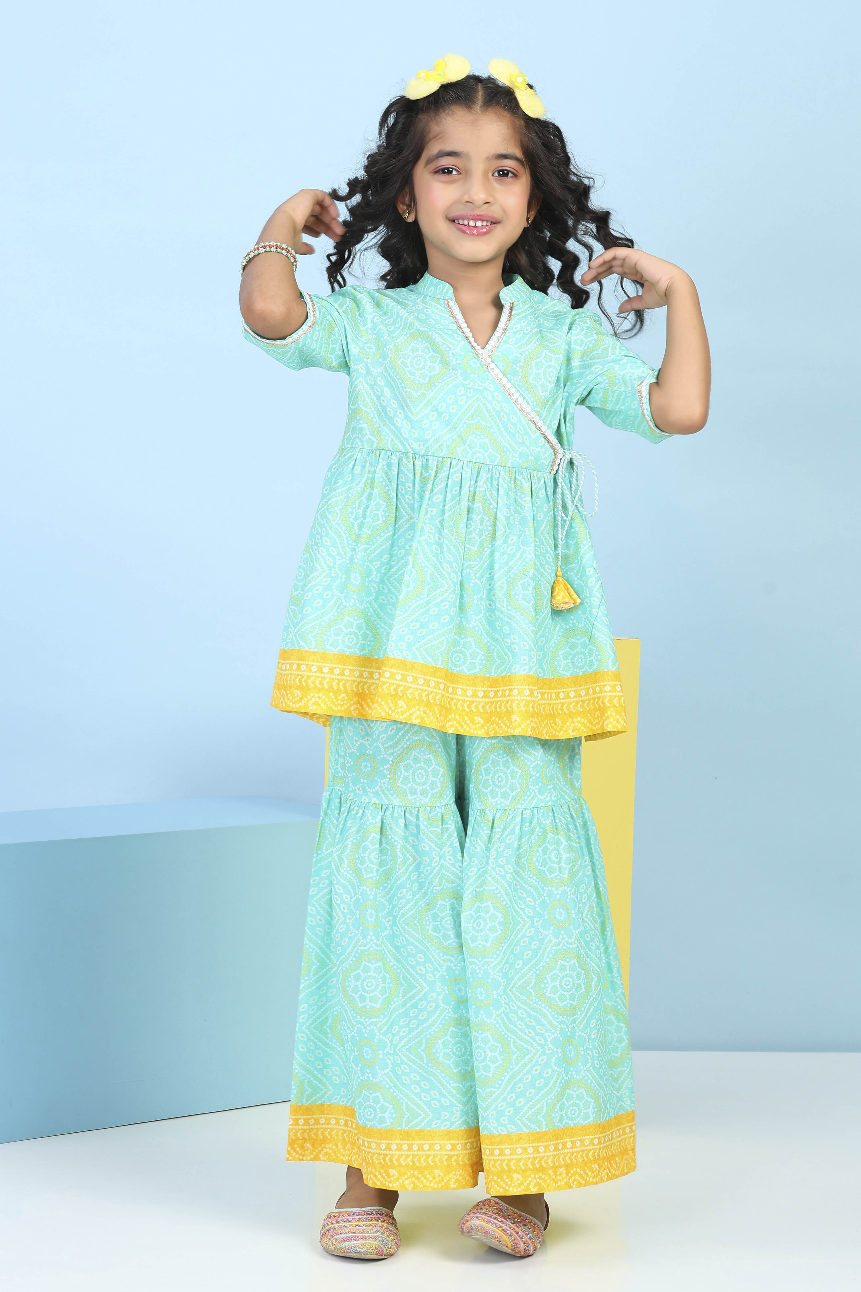 Mint Green Cotton Printed Gathered Suit Set image number 6