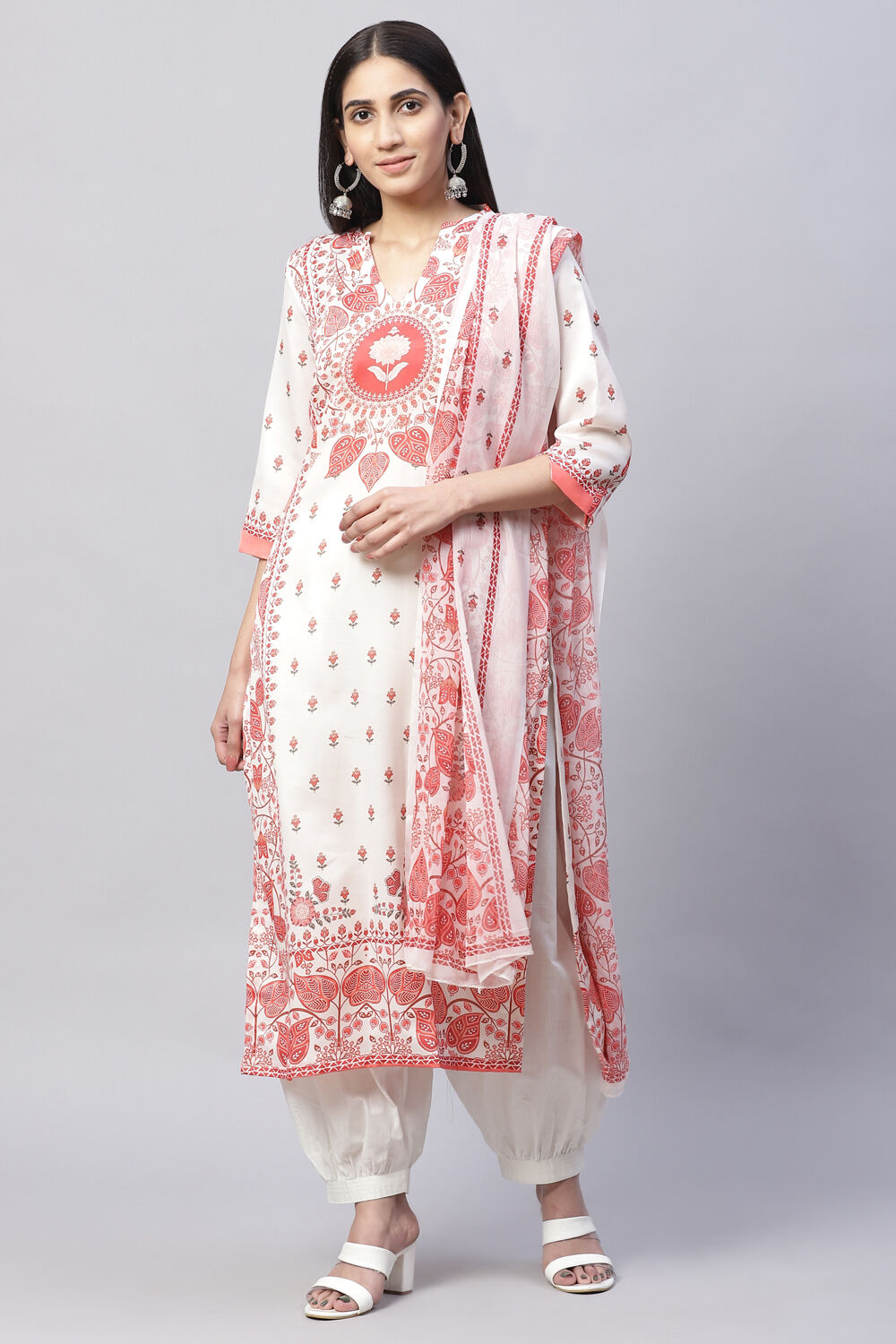 Off White Cotton Blend Digital Print Unstitched Suit Set image number 0