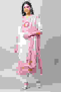 Off White Cotton Blend Digital Print Unstitched Suit Set image number 0