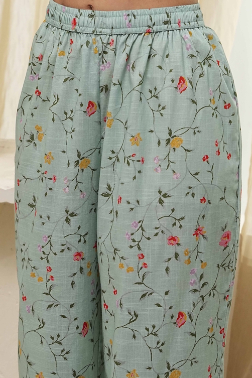 Turquoise Cotton Floral Printed Straight Suit Set image number 2