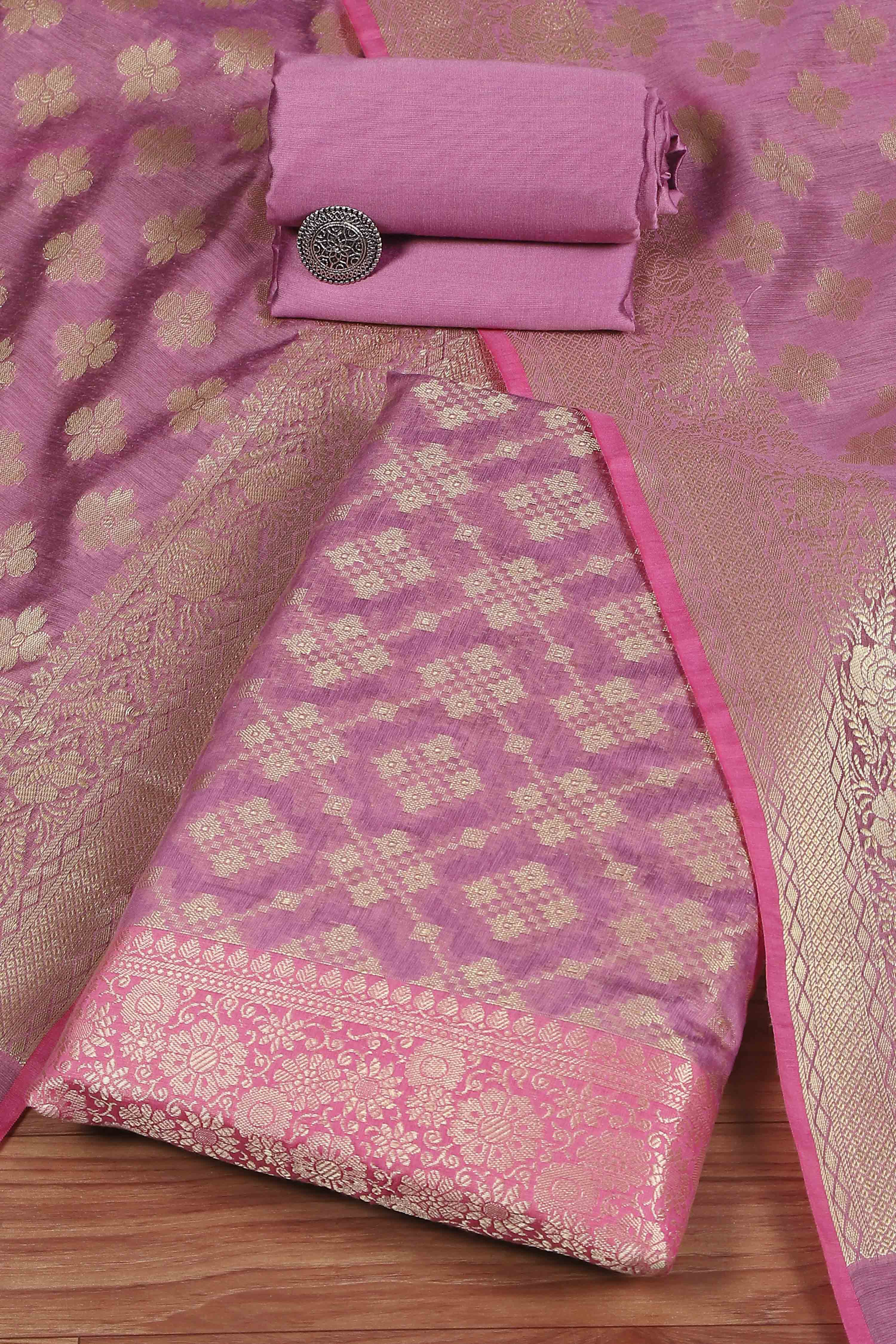 Purple Cotton Printed Embroidered Unstitched Suit Set image number 0