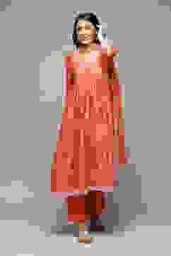 Coral Cotton Blend Gathered Kurta Palazzo Suit Set image number 8