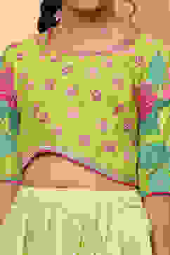 Lime Green Poly Chanderi Floral Printed Lehenga Set image number 1