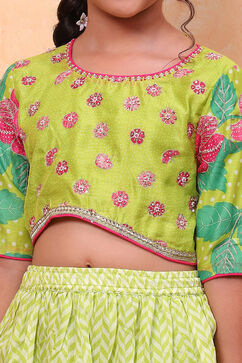 Lime Green Poly Chanderi Floral Printed Lehenga Set image number 1