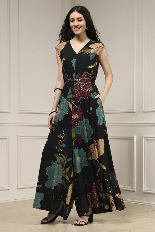 Black Viscose Rayon Straight Printed Jumpsuit image number 2