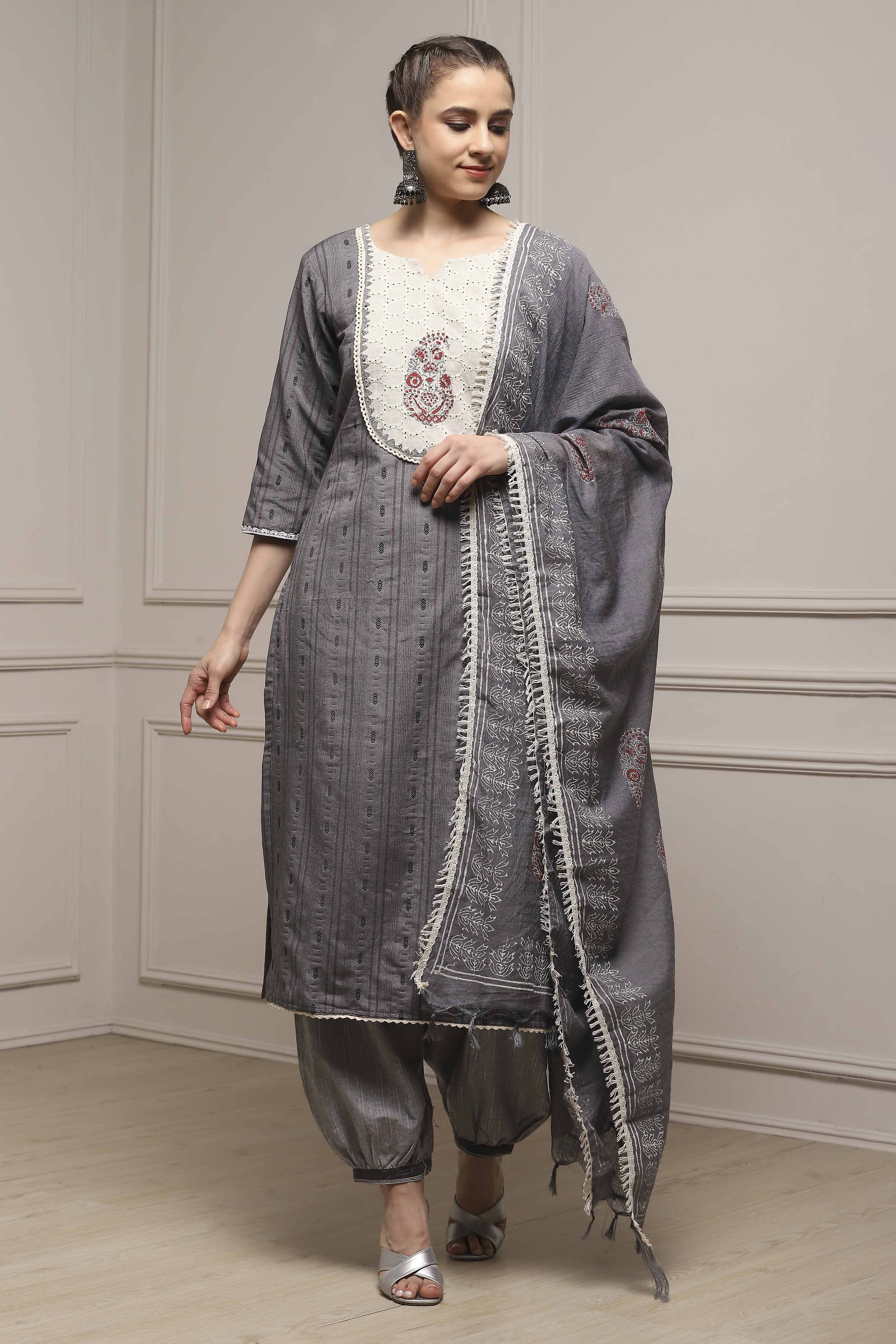 Grey Cotton Blend Woven Unstitched Suit Set image number 1