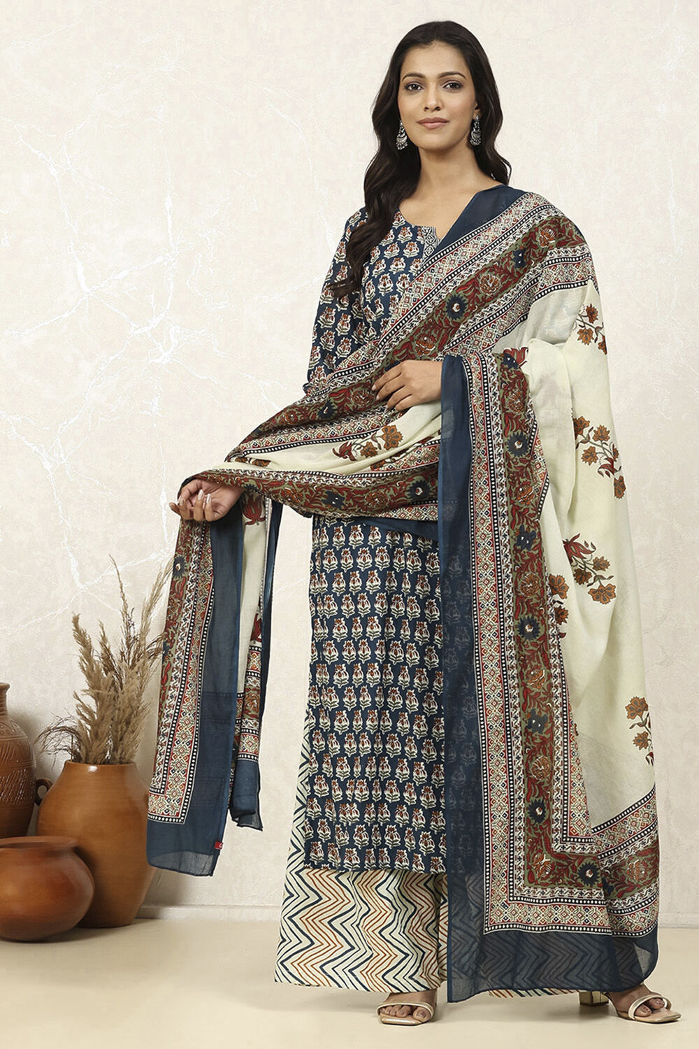 Dark Blue Cotton Printed Unstitched Suit Set image number 1