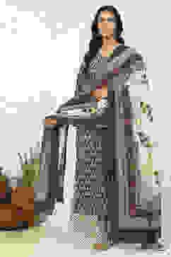 Dark Blue Cotton Printed Unstitched Suit Set image number 1