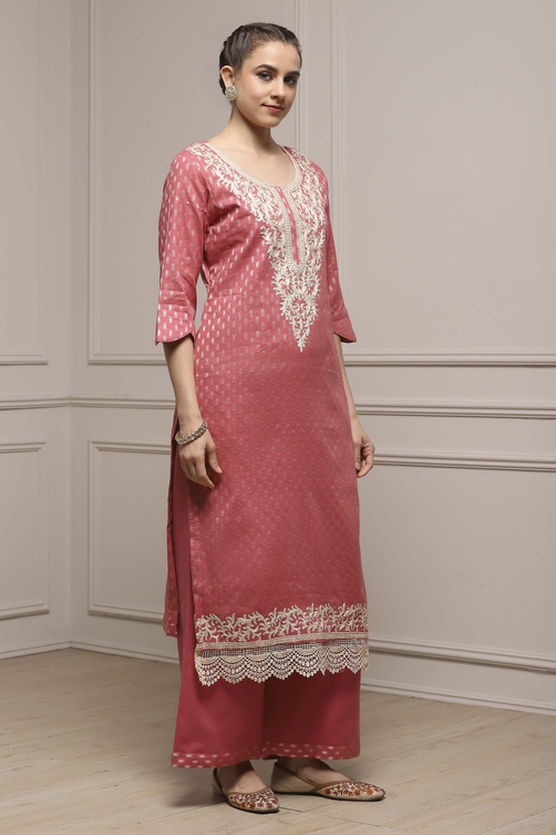 Peach Cotton Blend Thread Embroidered Unstitched Suit Set image number 6