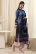 Petrol Blue Polyester Straight Printed Kurta Slim Pant Suit Set image number 5