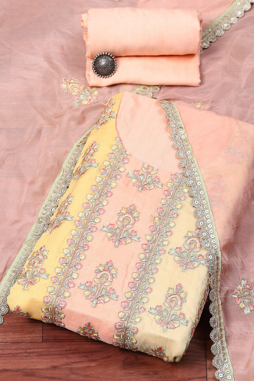 Peach Organza Printed Unstitched Suit Set image number 0