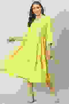 Yellow Cotton Flared Printed Kurta Dress image number 0