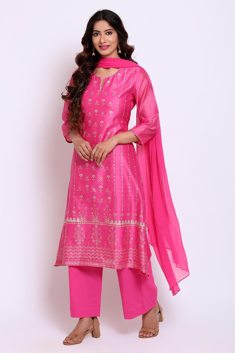 Green Straight Kurta Palazzo Suit Set image number 3