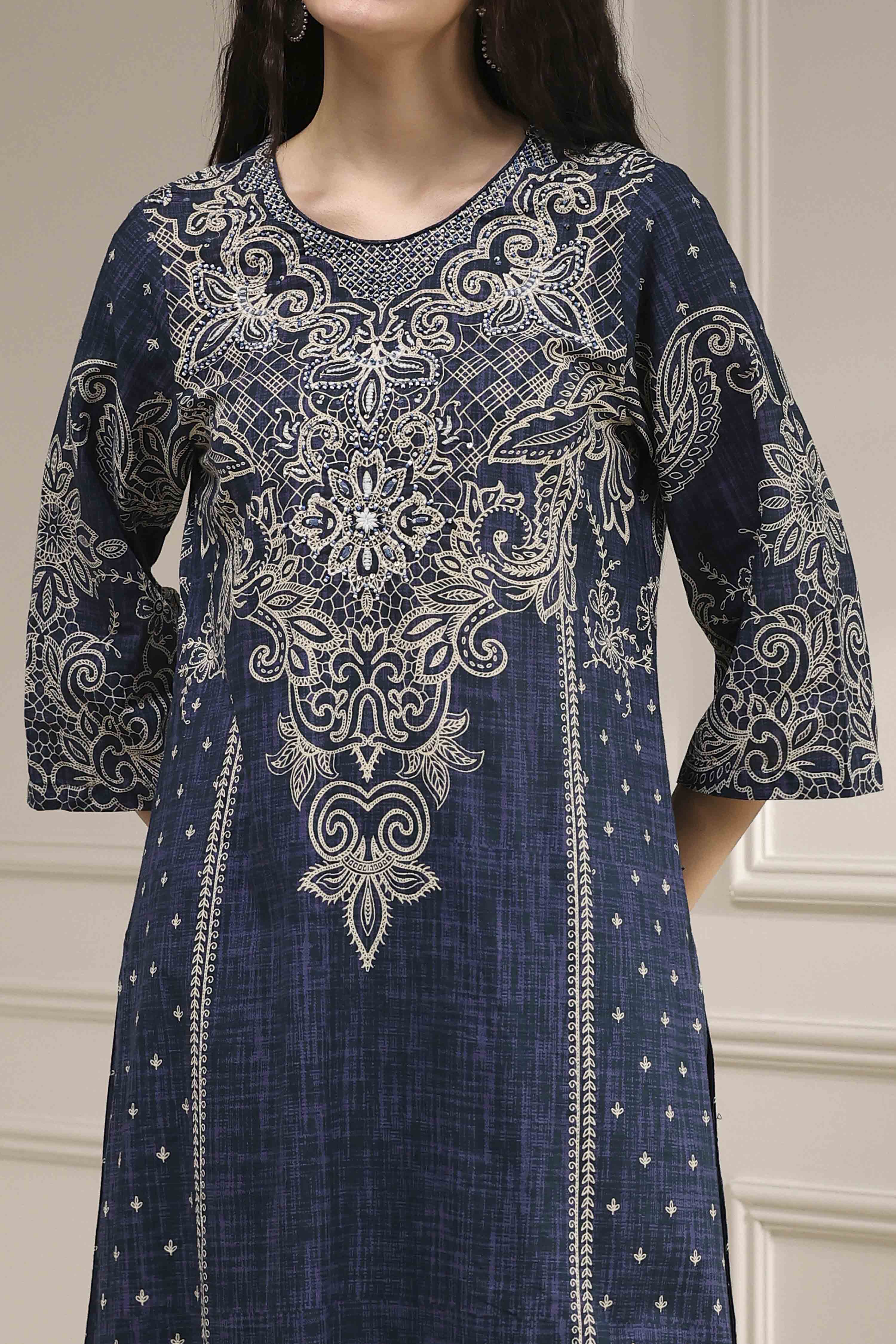 Blue Pure Cotton Printed Straight Suit Set image number 1