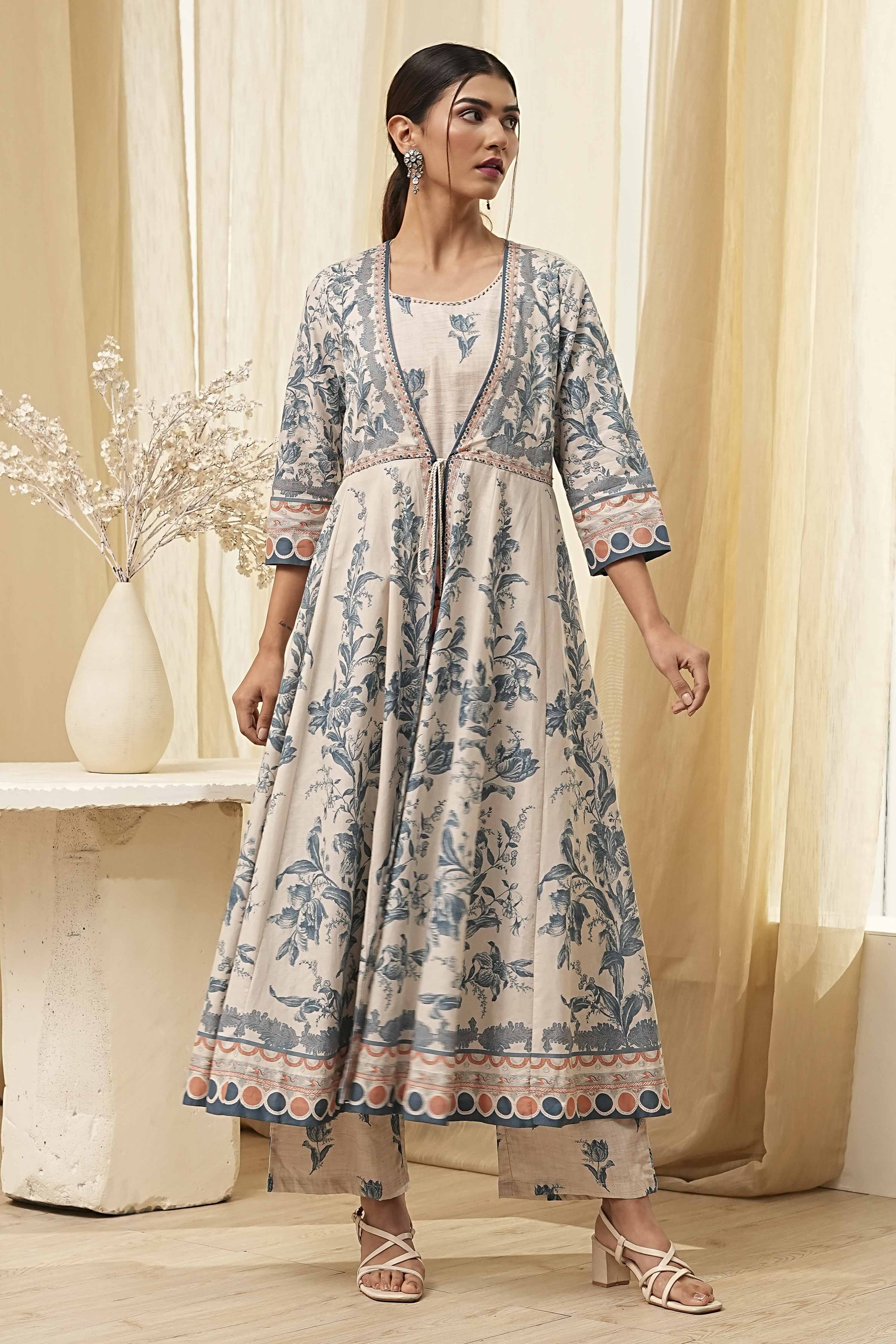 Beige and Blue Printed Front Open Kurta Set image number 0