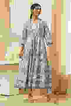 Beige and Blue Printed Front Open Kurta Set image number 0