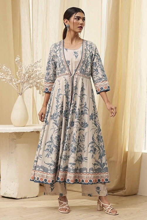 Buy Beige and Blue Printed Front Open Kurta Set Online at Biba India