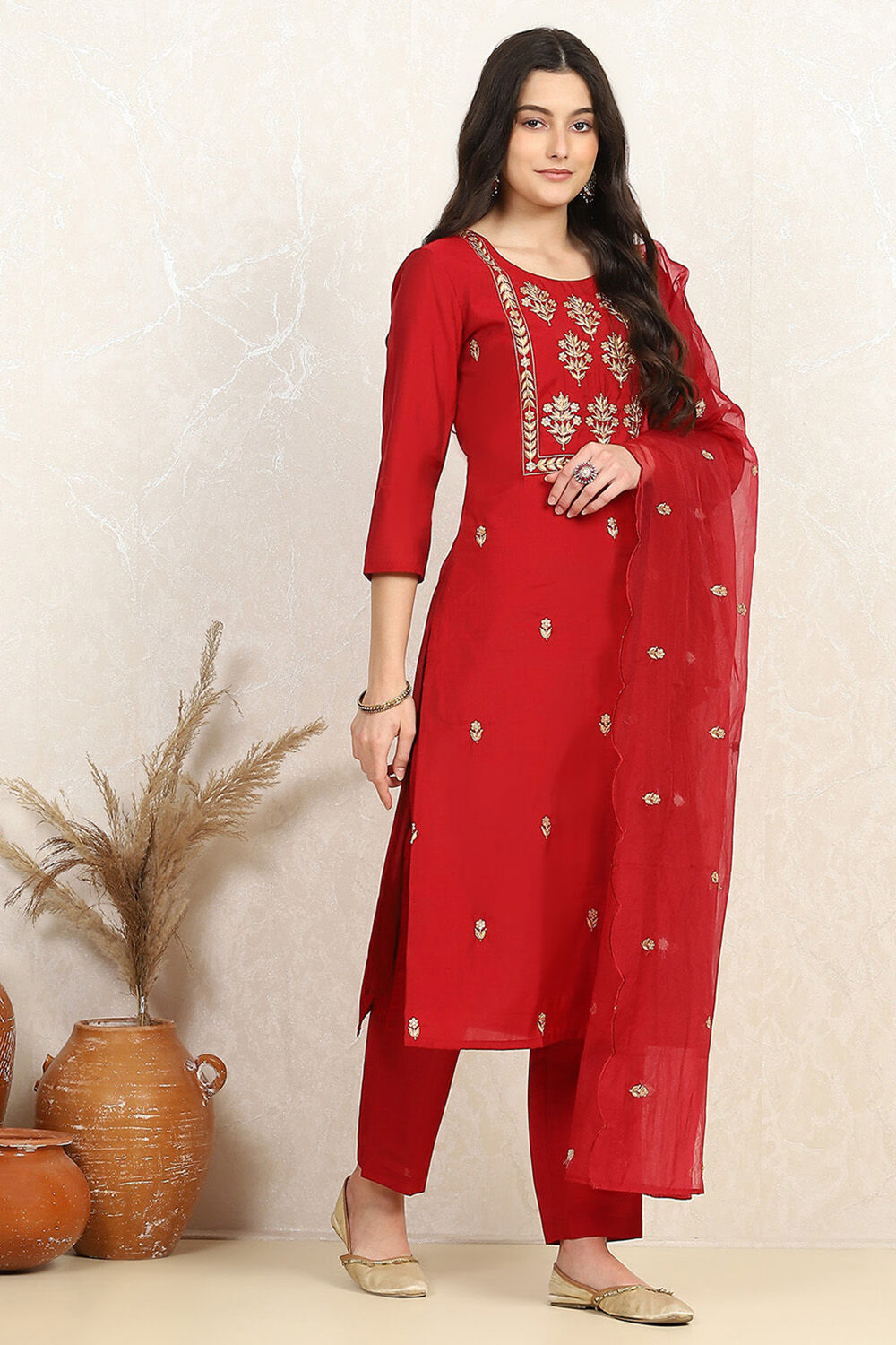 Red Silk Blend Machine Embroidered Unstitched Suit Set image number 6