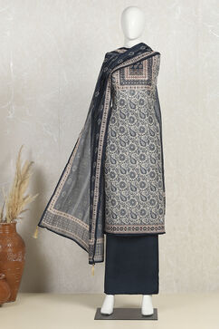 Navy Blue Chanderi Hand Embroidered Unstitched Suit Set image number 4