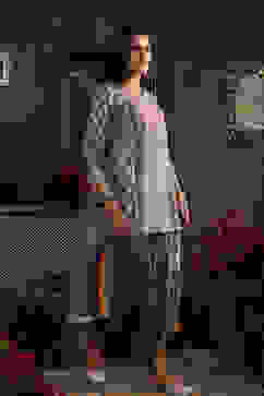 Earthy Blue Chanderi Jacquard Dori Embroidery Straight Suit Set image number 5