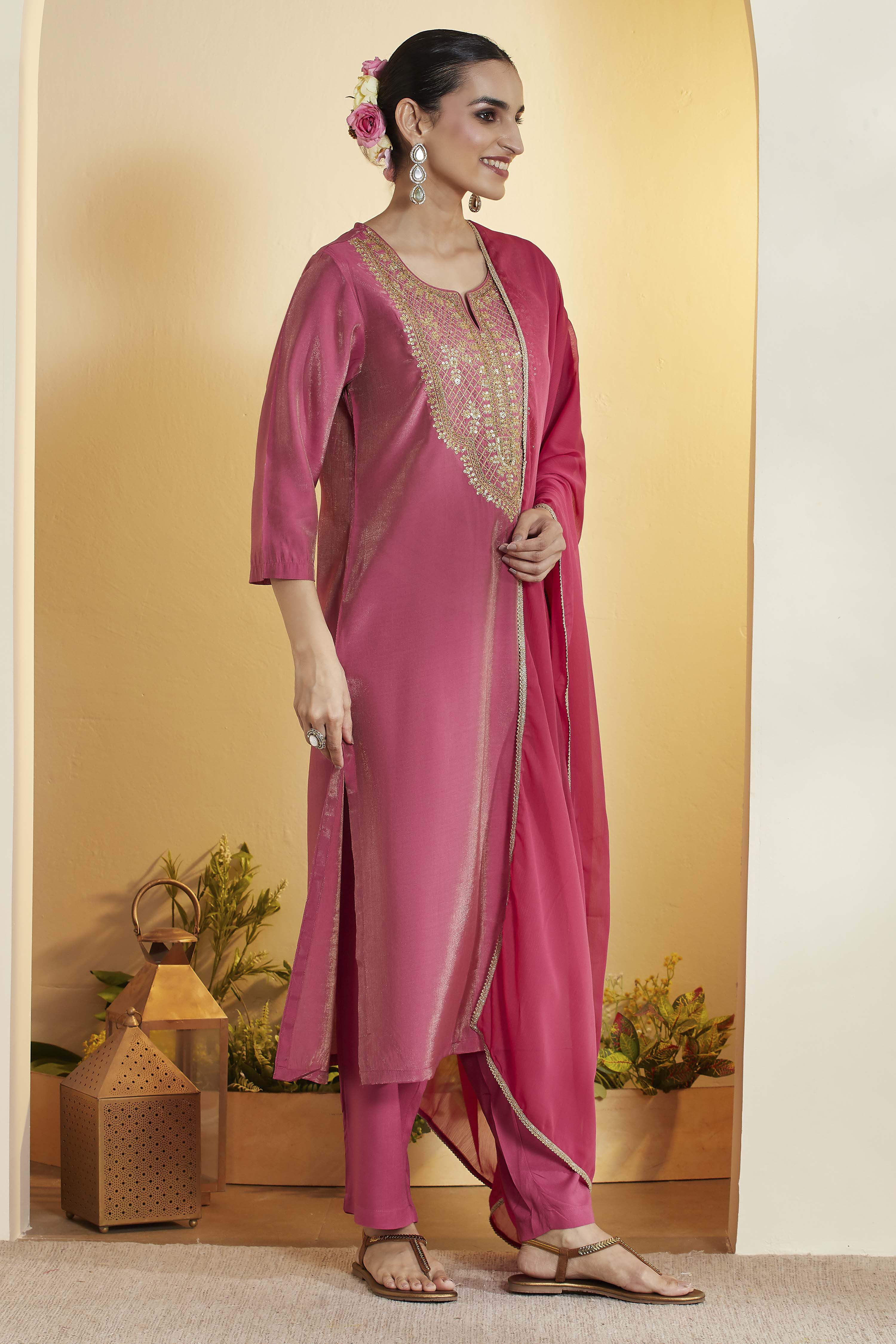 Turquoise Viscose Rayon Embroidered Straight Kurta Set image number 5