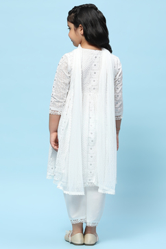 White Cotton Viscose Khadi Print Gathered Suit Set image number 5