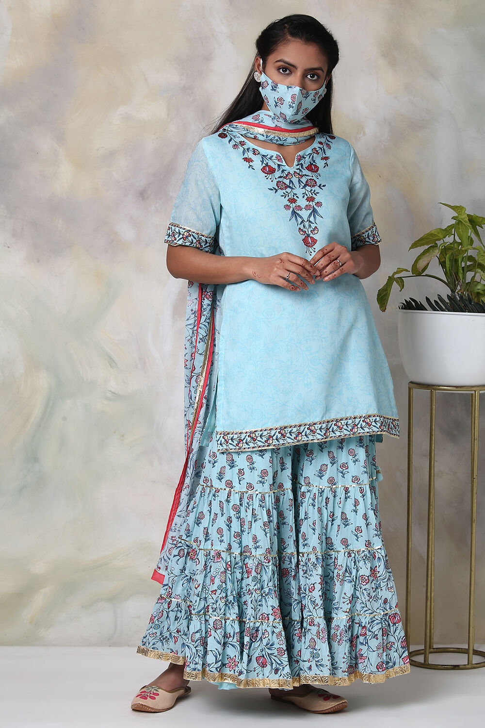 Turquoise Art Silk Kurta Garara Suit Set image number 3