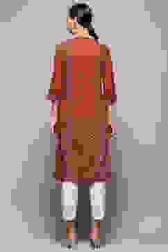 Rust Printed Regular Fit Straight Kurta image number 4