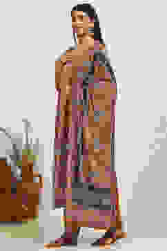 Mustard Yellow Velvet Digital Print Unstitched Suit Set image number 4