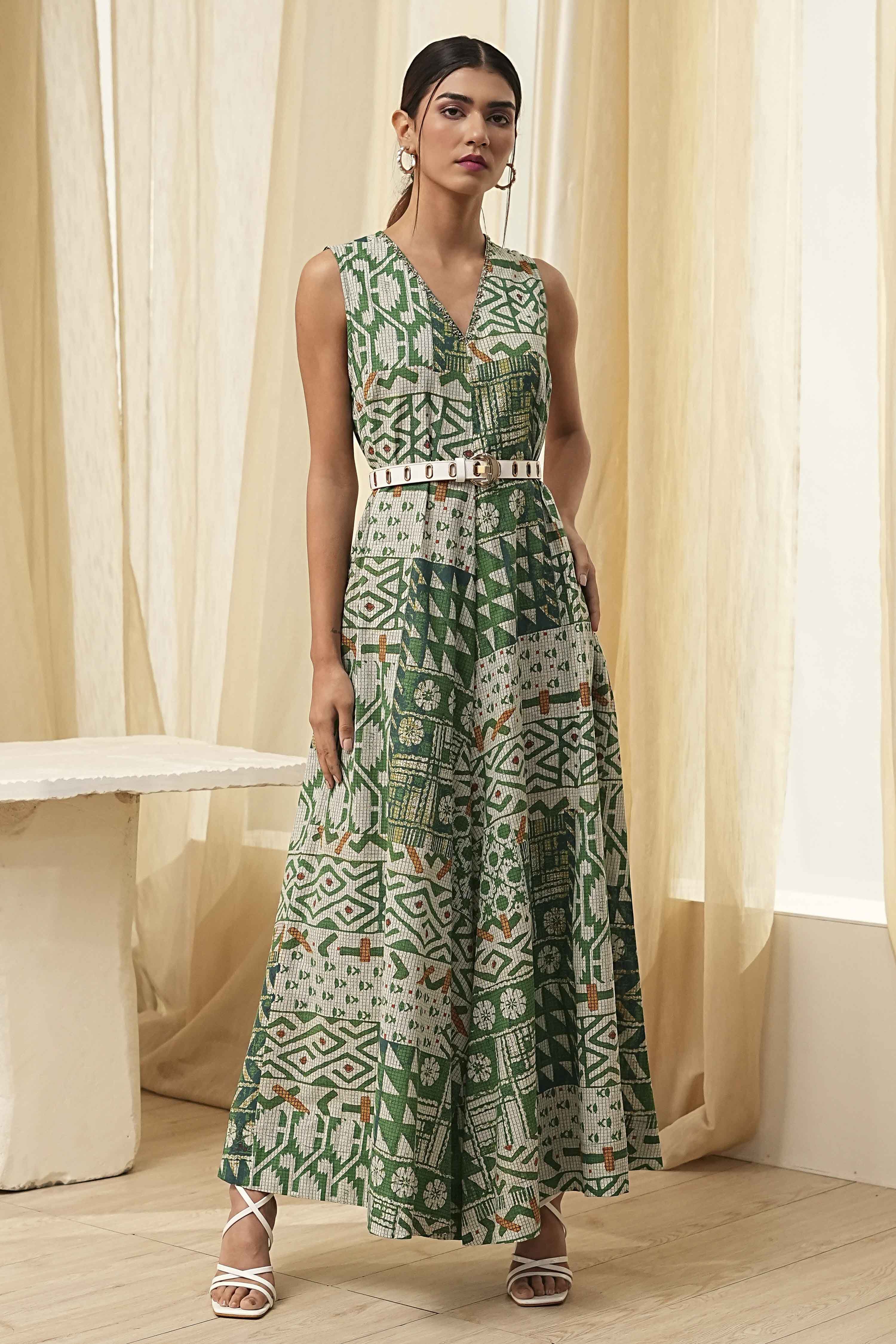 Green Cotton Printed Flared Jumpsuit image number 5
