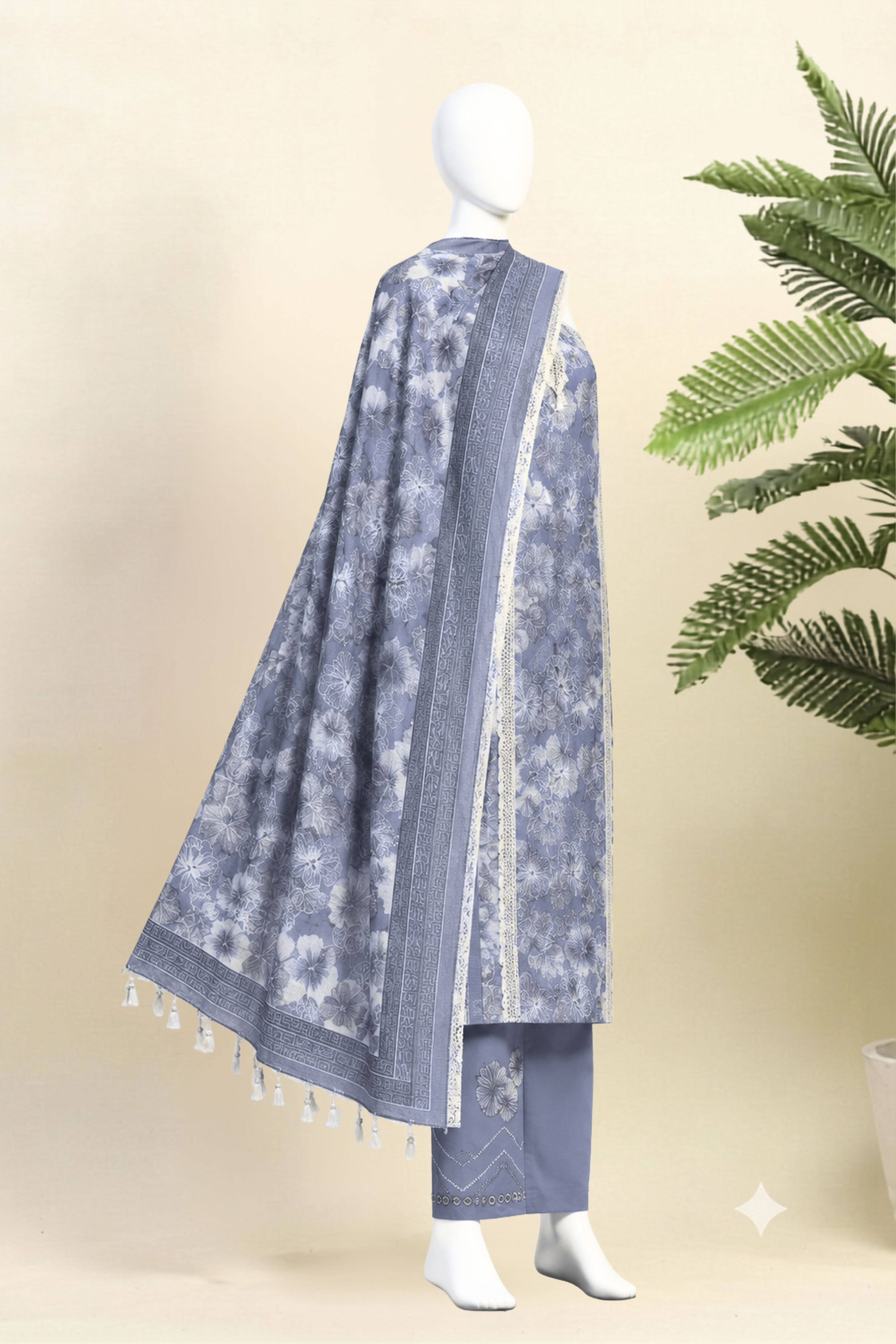 Grey Cotton Printed Unstitched Suit Set image number 4