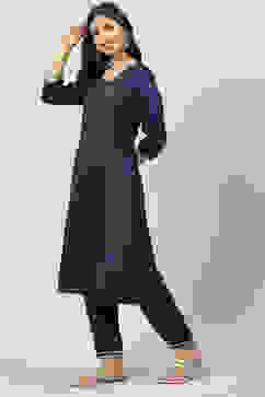 Navy Blue LIVA Metallic Straight Kurta Pants Suit Set image number 0